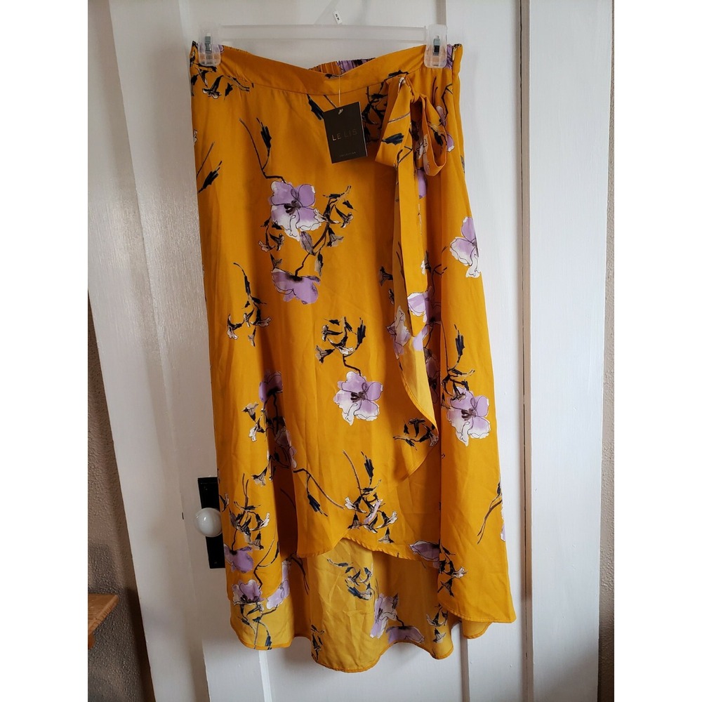 NWT LE LIS Yellow Faux Wrap Midi‎  Floral Tie Waist Mustard Long Woman SZ Large